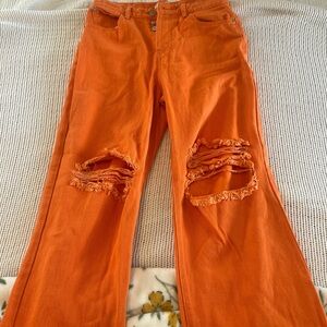 Orange Distressed Wide-Leg Jeans